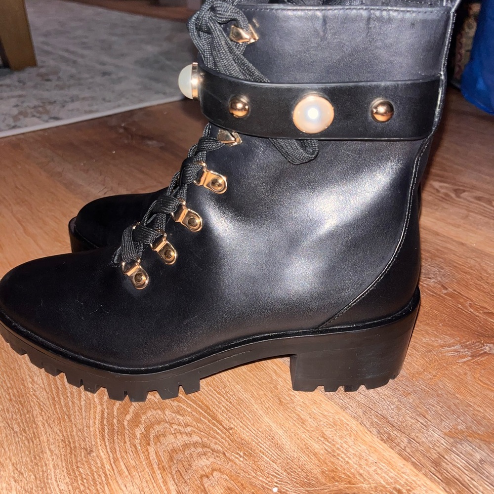Karl Lagerfeld Black Combat Boots with Gold Accents